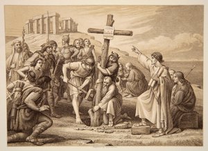 La primera predicación del cristianismo en Gran Bretaña, grabado por John Easton de Charles West Cope